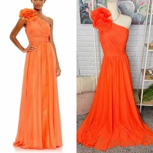 Mac Duggal New Polka Dot Ruffled One Shoulder Dress, Orange